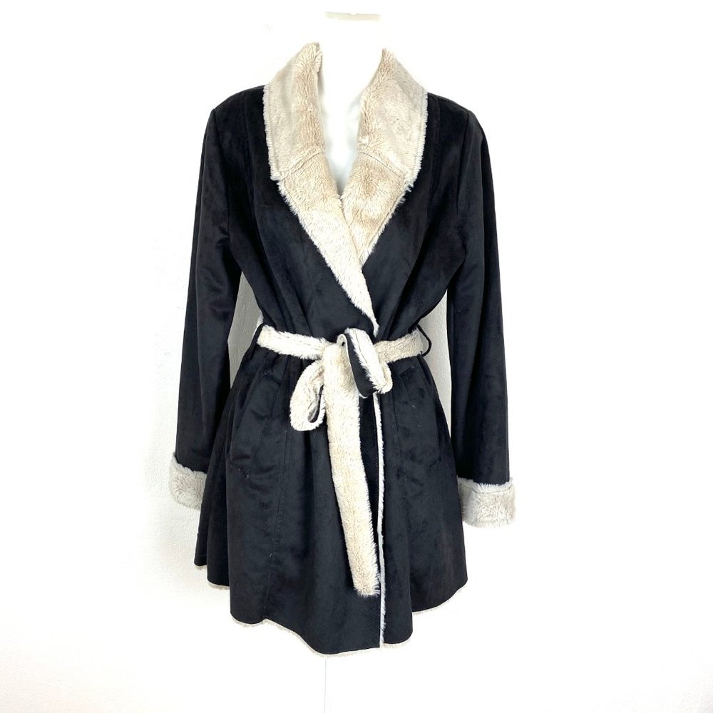 Lovestitch faux suede faux fur trench wrap coat Sz M Swing Shawl collar black
